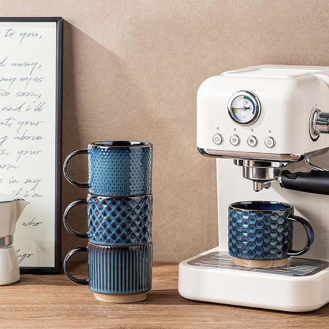 GBhome 6 OZ Stackable Coffee Mugs, Ceramic Coffee Mugs with Texture Patterns for Man,Woman,Dad,Mom, Modern Coffee Cups Set of 4 for Espresso/Cappuccino. Dishwasher&Microwave Safe