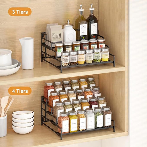 4-Tier-Spice-Rack-Organizer-for-Cabinet, Adjustable Depth Spice Holder Shelf For Countertop Pantry Cupboard, Metal Tiered Seasoning Organizer,Display Shelf Riser (Black-2 Pack)