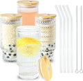 16oz Glasses Cups with Bamboo Lids Straws Brush Vintage Glass Tumbler Set for Mojito Iced Coffee Beer Cocktail Whiskey(Mixed)