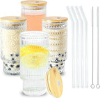 16oz Glasses Cups with Bamboo Lids Straws Brush Vintage Glass Tumbler Set for Mojito Iced Coffee Beer Cocktail Whiskey(Mixed)