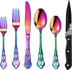 Runfly Retro Royal Rainbow 48 Pieces Flatware Set, Gorgeous Multicolour Silverware Set For 8, Anti-rust Stainless Steel dark Cutlery Set Utensils Including Fork Spoon and Knife