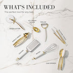 White & Gold Cooking Utensils Set - Luxe 8-Piece Kitchen Gadget Set Includes Can Opener, Tongs and Garlic Press - Stylish White and Gold Kitchen Accessories for Modern Kitchens, Ideal for Gifting