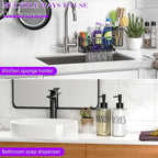 MASADI Kitchen Sink Caddy with Dish Soap Dispenser Set, 12OZ Glass Bottle, Hand and Dish Soap Dispenser Set, Non-Slip Silicone Pad, Brush Holder, Kitchen Sink Organizer Countertop (Black+Clear)