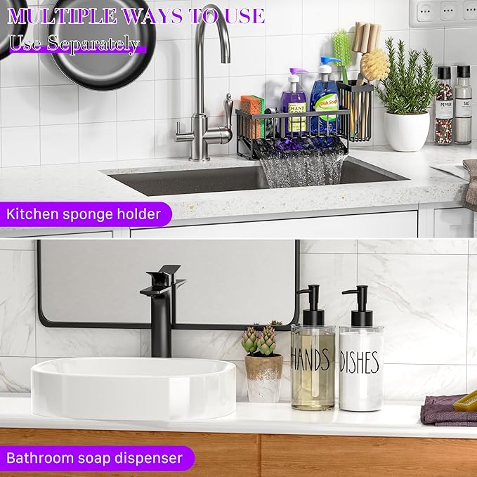 MASADI Kitchen Sink Caddy with Dish Soap Dispenser Set, 12OZ Glass Bottle, Hand and Dish Soap Dispenser Set, Non-Slip Silicone Pad, Brush Holder, Kitchen Sink Organizer Countertop (Black+Clear)