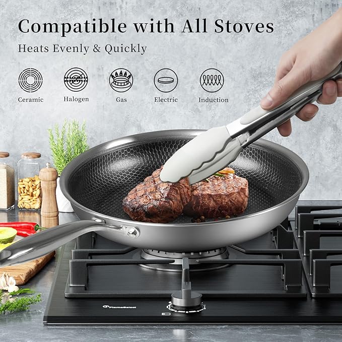 Innerwell Stainless Steel Frying Pan Nonstick Frying Pan with Lid 10 Inch Honeycomb Stainless Steel Skillet Woks Pan for Gas Electric Induction Ceramic Stoves and Oven