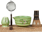 7-Piece Matcha Set with Ceramic Matcha Bowl, Bamboo Whisk (Chasen) & Holder, Sifter, Tea Scoop & Rest, Special Bamboo Tea Mat - Perfect Matcha Kit for Matcha Lovers & Gift Giving, Green