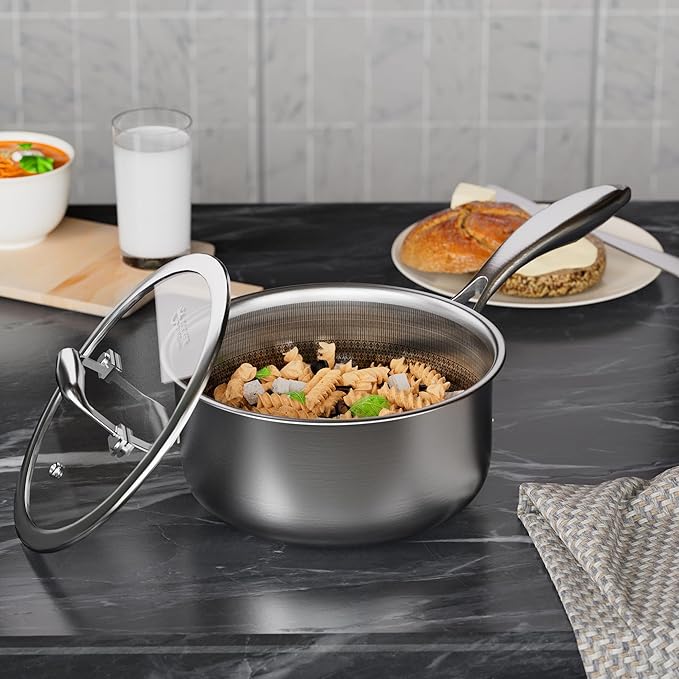 COOKER KING 1.5 Quart Stainless Steel Saucepan, Nonstick Sauce Pan, Ceramic Suce Pot with Tempered Glass Lid, Induction Pot Compatible with All Cooktops, Dishwasher & Oven Safe(PFAS/PFOA/PTFE Free)