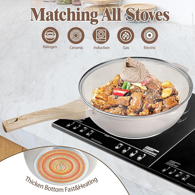 AOSION 11 Inch Nonstick Ceramic Deep Frying Pan Skille with Lid,5QT Sauté Pan for Cooking with Steam Rack,Healthy Large Skillet,Stay Cool Handle, Induction Compatible, PFOA & PFAS Free.(WHITE)