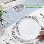 FOCUSLINE 350 Ct Silver Dinnerware Set for 50 Guests, Silver Lace Plastic Plates Disposable Heavy Duty, Including 50 Dinner & Dessert Plates, Cups, Napkins, Cutlery Set