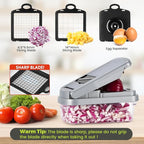 Vegetable Chopper,12-in-1 Multifunctional Food Chopper,Professional Onion Chopper with 7 Blades,Vegetable Cutter with Container for Salad,Potato,Carrot,and Garlic Essential Kitchen Tool (Silver black)