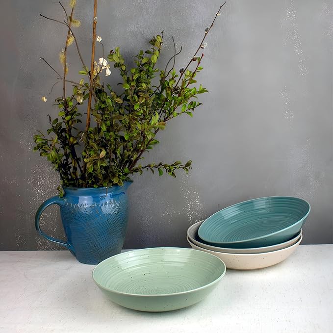Sango Siterra Artist's Blend Stoneware Pasta Bowls (Set of 4) Multi Assorted Colors– Featuring Soft Gray, Blue, Green, and Ivory, for Everyday Dining & Entertainment, Microwave & Dishwasher Safe