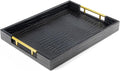 ATZYmolin 17" x 12" Wood Serving Tray with Gold Polished Metal Handles, Home Decorative Wooden Rectangle Ottoman Leather Decor Platter Bathroom Vanity Tray for All Occasions Alligator Black