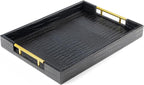 ATZYmolin 17" x 12" Wood Serving Tray with Gold Polished Metal Handles, Home Decorative Wooden Rectangle Ottoman Leather Decor Platter Bathroom Vanity Tray for All Occasions Alligator Black