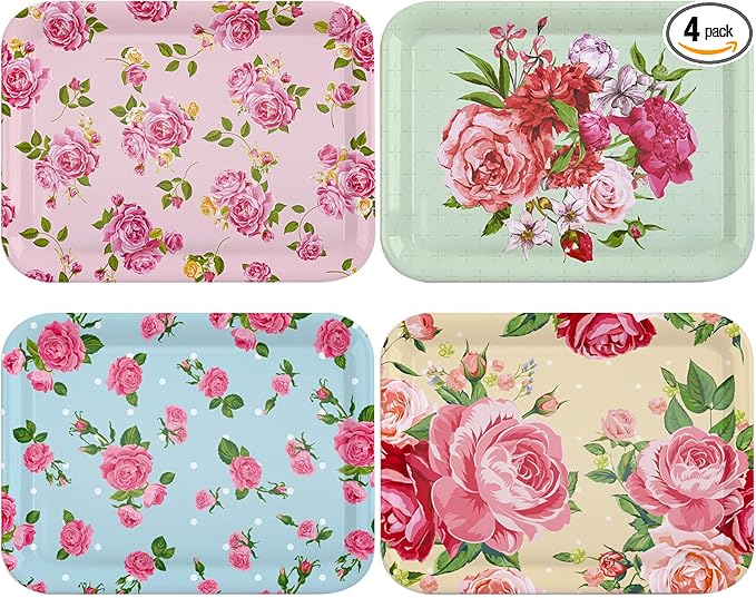 4 Pcs Melamine Serving Trays Platters Snack Trays Reusable Rectangle Platters for Sports Game Day Flower Tea Party Food Dessert Cookies Serving Plates Supplies, 13 x 9.7 Inch(Flower)