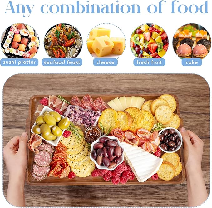 Baderke 2 Set 16" x 9" Plastic Chilled Serving Tray for Parties with Compartments Ice Chilled Party Platter Charcuterie Serving Board Cold Dish Dip for Fruit Seafood Vegetable Appetizer (Light Wood)