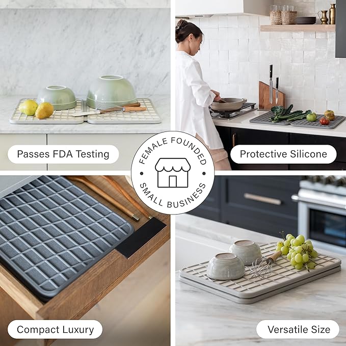 Dorai Home Dish Pad - Collapsable Stone Dish Drying Mat with Diatomaceous Earth for Quick Drying - Ultra Absorbent - Encased in Woven Silicone - Eco-Friendly, Foldable - Large 24.6" x 16.5", Sandstone