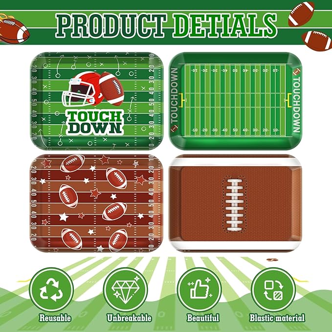 4 Pcs Melamine Serving Trays Platters Snack Trays Reusable Rectangle Platters for Sports Game Day Flower Tea Party Food Dessert Cookies Serving Plates Supplies, 13 x 9.7 Inch(Football)