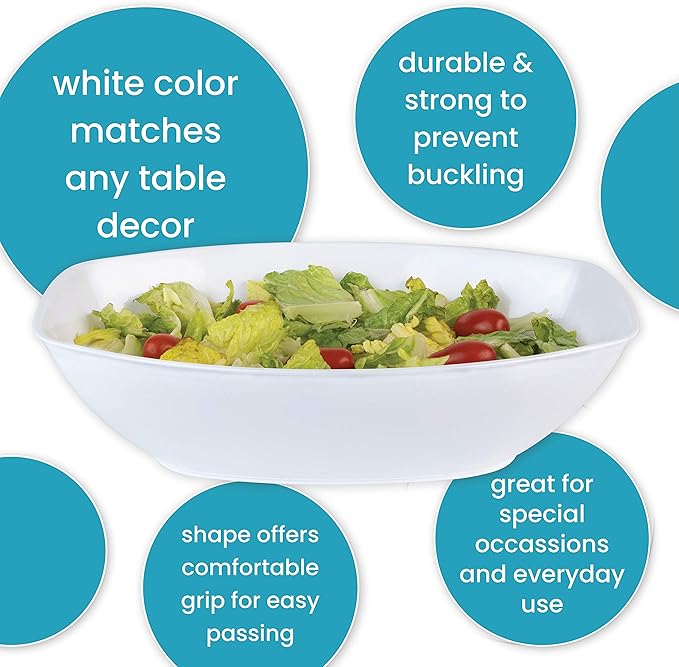 PLASTICPRO Disposable Oval Serving Bowls, Party Snack or Salad Bowl, 72-Ounce, Plastic (4, WHITE BOWLS)