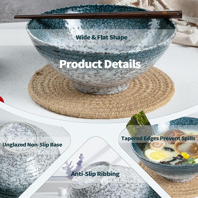40 oz Ceramic Ramen Bowl Set of 2, Ramen Noodle Bowl with Spoons and Chopsticks 8 Inch Japanese Retro Style Large Soup, Pho, Udon Bowls, Microwave & Dishwasher Safe, Stone
