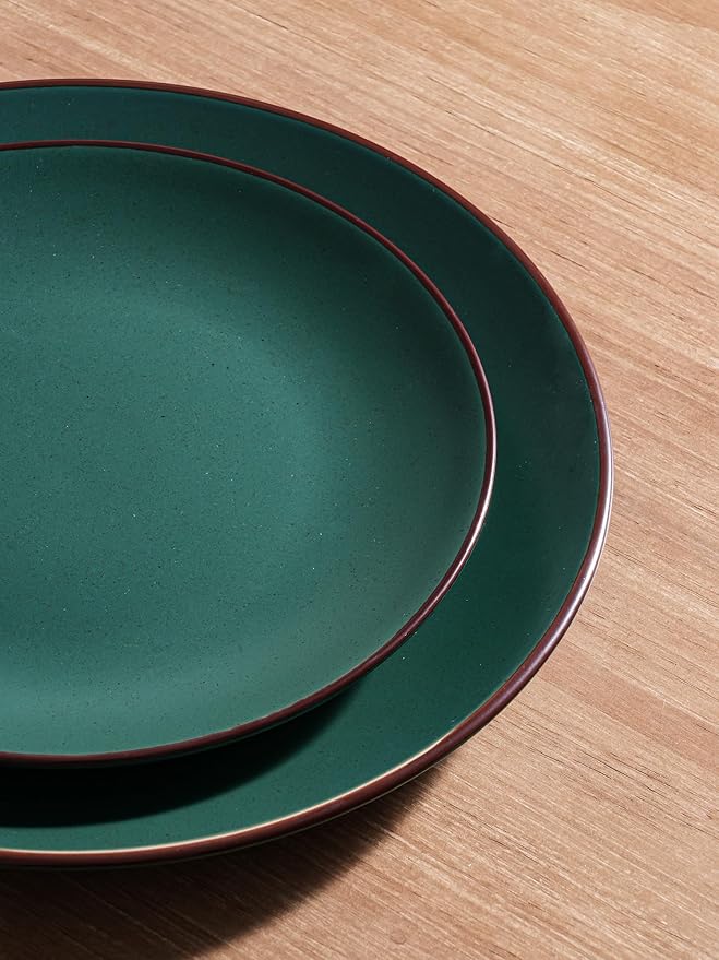 Famiware Venus 24-Piece Plates and Bowls Sets for 8, Stoneware Dinnerware Set with Trim, Modern Minimalist Dishes for Everyday & Formal Use, Chip Resistant, Microwave/Dishwasher Safe, Matte Dark Green