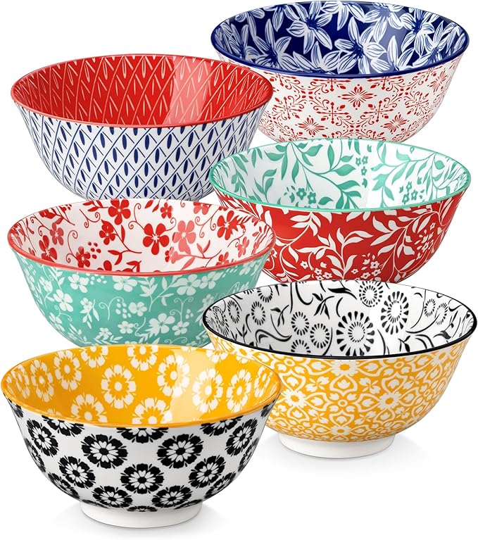 vancasso SELENE 24 oz Cereal Bowls set of 6, Ceramic Soup Bowls for Kitchen, Dishwasher & Microwave Oven Safe- for Cereal, Soup, Pasta, Salad, Vivid Floral Design Bowl Set