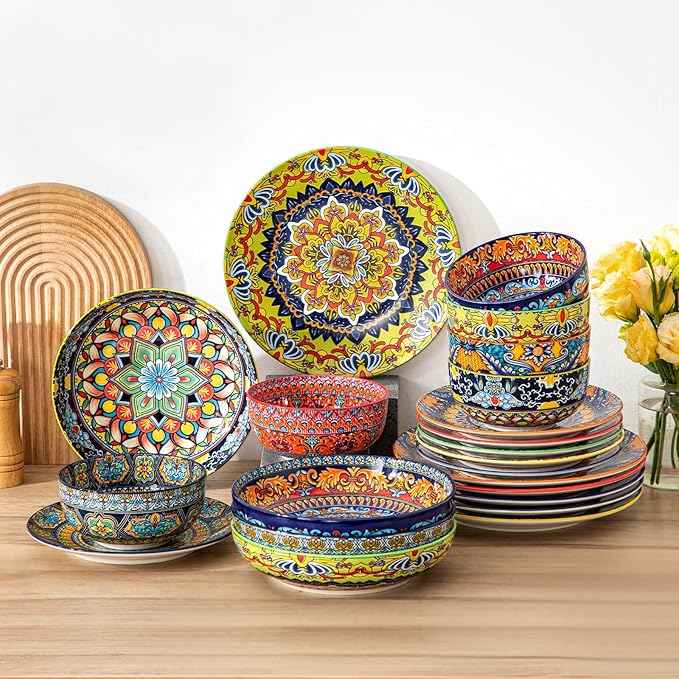 vancasso Pasta Bowls Set of 4, Ceramic Salad Serving Bowls, 42Oz Large Pasta Bowls, 8.7 in Colorful Bowl Plates for Soup, Bohemian Shallow Bowls for Kitchen, Microwave & Dishwasher Safe