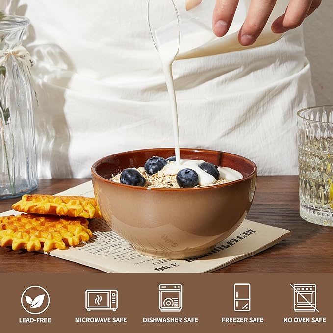 Pokini 5.5" Cereal Bowls & Dessert Bowls Set of 6-22 Oz Small Bowls for Kitchen-Ceramic Bowl for Cereal, Soup, Oatmeal, Salad, Ramen, Noodle, Rice, Yogurt-Dishwasher & Microwave Safe, Brown Yellow
