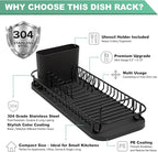 SunnyPoint 304 Stainless Steel NeverRust Compact Dish Drying Rack with Utensil Holder & Removable Drain Tray, Rustproof Small Dish Rack for Kitchen Countertop or Over Sink – Black