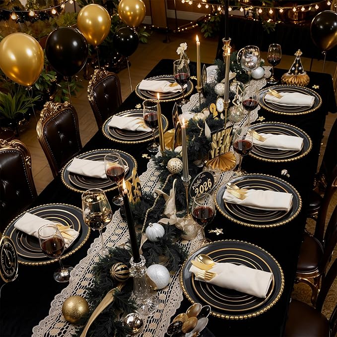 WDF Partyware 175PCS Black and Gold Plates - Black Disposable Plates for Party - 25Guests Disposable Dinnerware Set for Graduation Wedding Party Birthday