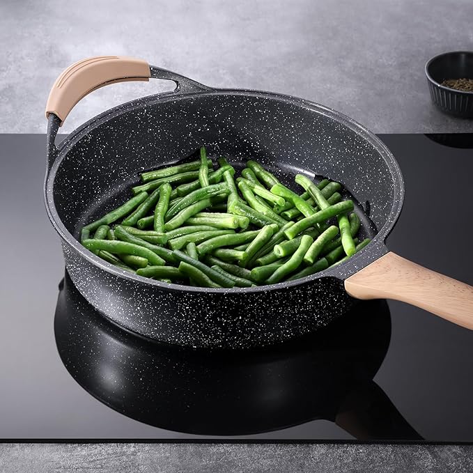 Nonstick Deep Frying Pan with Lid, 5.3 QT Swiss Granite Coating Sauté Pan, 13 Inch Healthy Non Stick Skillet Cooking Pan and Helper Handle with Silicone Cover, PFOA Free, Induction Ready.