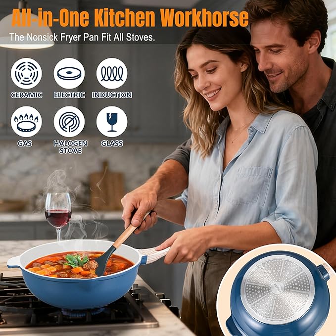 AOSION 11 Inch Nonstick Ceramic Deep Frying Pan Skille with Lid,5QT Sauté Pan for Cooking with Steam Rack,Healthy Large Skillet,Stay Cool Handle, Induction Compatible, PFOA & PFAS Free. (BLUE)