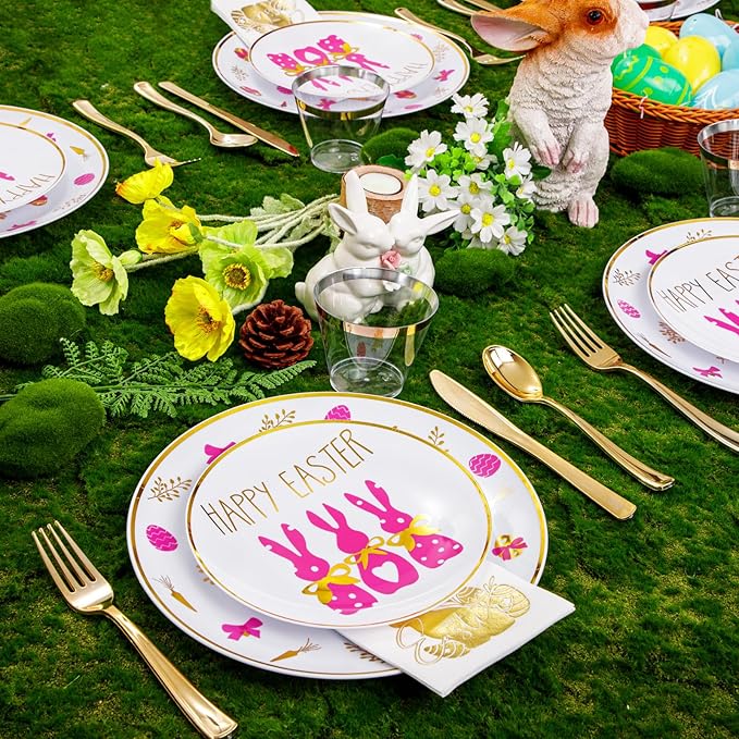 Hioasis 175pcs Easter Plastic Plates, Bunny Plastic Disposable Dinnerware Set Include 25 Dinner Plates, 25 Dessert Plates, 25 Forks, 25 Knives, 25 Spoons, 25 Napkins，25 Cups Perfect for Easter Party