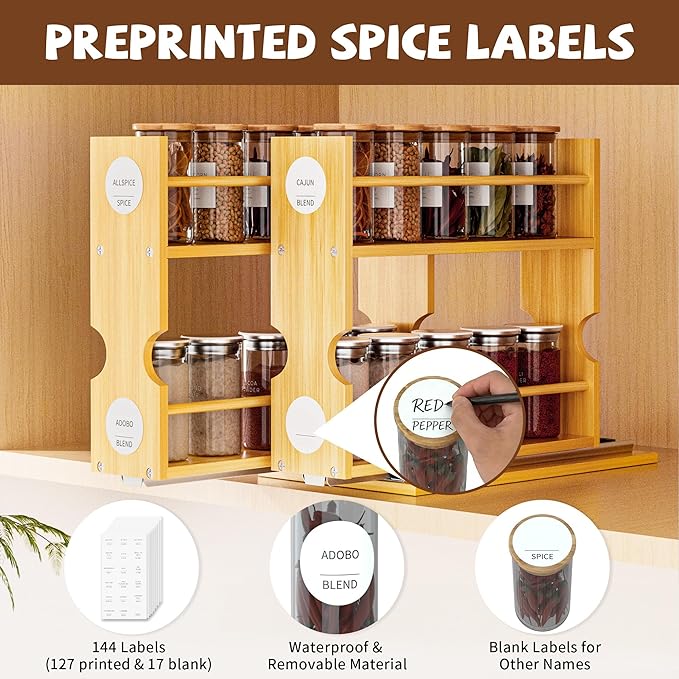 Jolitac Bamboo Pull Out Spice Rack for Cabinet, Slide Out Drawers, Space-Saving Seasoning Kitchen Pantry Sliding Vertical Organization, Easy to Install, 12.3" Wide, 4 Drawers(1.85" Wide), 2-Tier