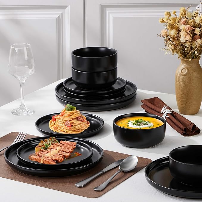Herogo 12 Pieces Stoneware Dinnerware Sets Service for 4, Dinner Plates and Bowls Sets, Double Reactive Glaze Dishes Sets for Kitchen, Scratch Resistant, Microwave & Dishwasher Safe, Matte Black