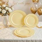 Liacere 350PCS Yellow Plates - Yellow Disposable Plastic Plates With Gold Rim-50Guest Plastic Dinnerware include 100 Plates,50 Pack Pre Rolled Napkins with Silverware 50Cups for Wedding＆Mother's Day