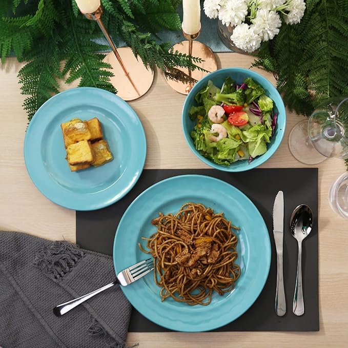 TP 12-Piece Melamine Dinnerware Sets, Plates and Bowls Dishes Set for 4, Break-Resistant & Non-Microwavable, Lightweight Dinner Plates, Teal