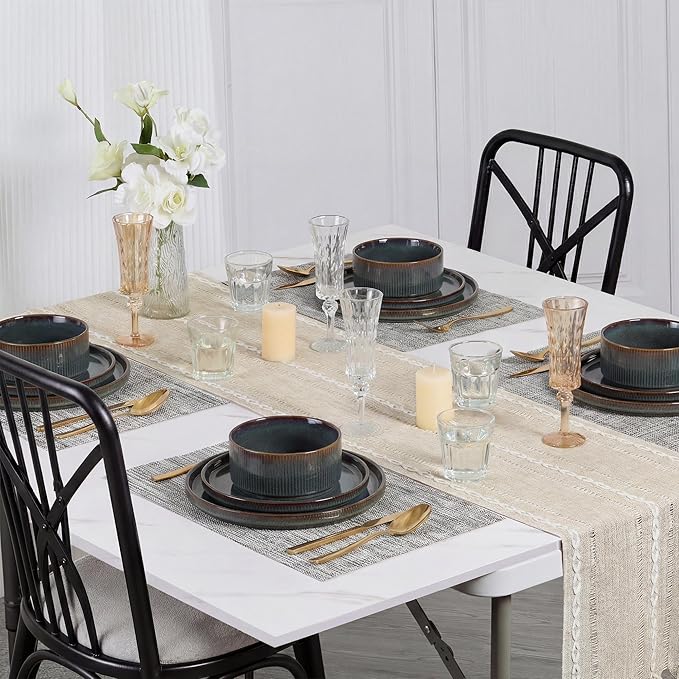 E-far Stoneware Dinnerware Sets for 2, 6-Piece Plates and Bowls Sets, Chip & Scratch Resistant Ribbed Dish Set for Home Restaurant, Microwave & Dishwasher Safe, Blackish Green