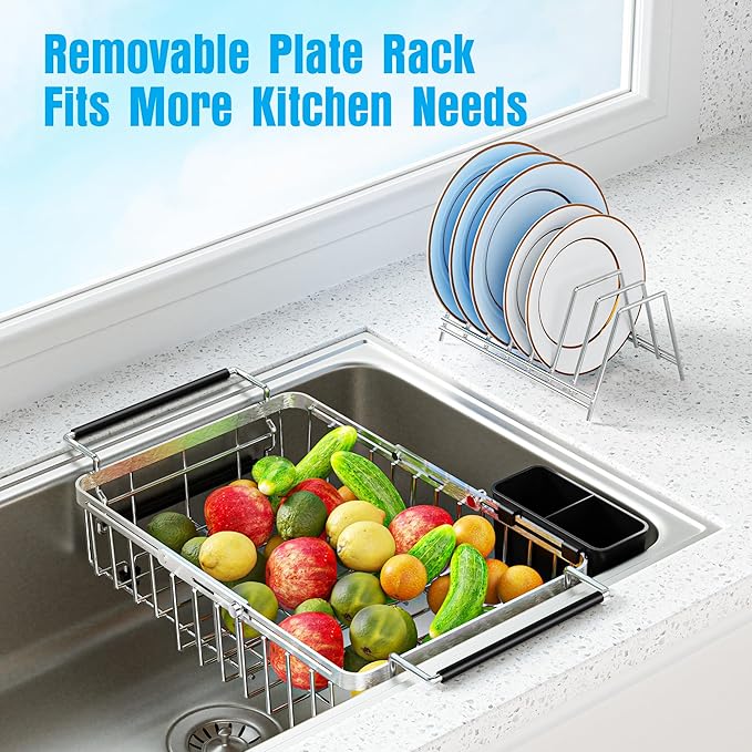 Expandable Over The Sink Dish Drying Rack, Anti-Rust Stainless Steel in Sink Dish Drainer with Cutlery Holder, Counter Space Saving Sturdy Sink Drying Rack for Many Kitchen Drain Task