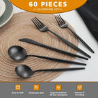 Matte Black Silverware Set, Oliviola 60-Piece Stainless Steel Flatware Cutlery Set Service for 12, Satin Finish Kitchen Utensil Set, Dishwasher Safe