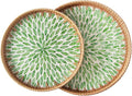 Set of 2 Round Rattan Tray Home Decor, Wicker Serving Tray with Mother of Pearl Inlay, Boho Decorative Tray for Coffee Table, Display, Ottoman, Kitchen Table (Green)