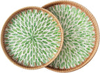 Set of 2 Round Rattan Tray Home Decor, Wicker Serving Tray with Mother of Pearl Inlay, Boho Decorative Tray for Coffee Table, Display, Ottoman, Kitchen Table (Green)