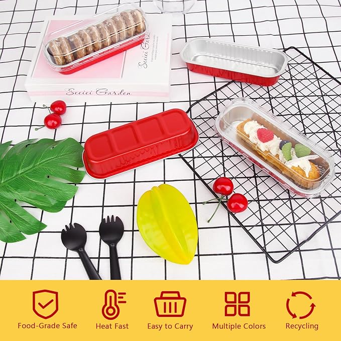 Disposable Mini Cake Pans with Lids 100 Pack,LNYZQUS 6.8oz Rectangle Mini Loaf Pan Baking Cups Muffin Tin,Aluminum Foil Cupcake Baking Tins Containers for Christmas New Year-Red