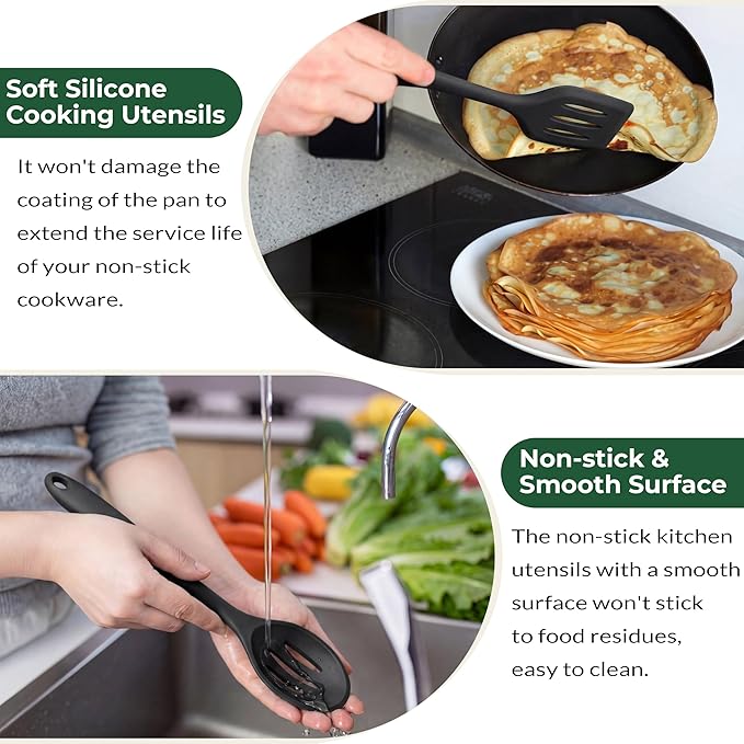 TeamFar Silicone Cooking Utensils Set of 6, Heat Resistant Kitchen Utensils, Spatula Ladle Spoon Pasta Server for Non-stick Cookware, Non-Toxic & One-Piece, Non-Scratch & Dishwasher Safe, Black
