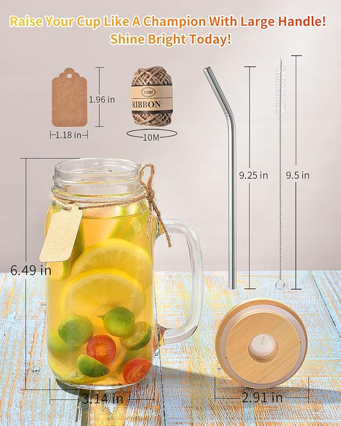 TANGLONG Mason Jar with Lid and Straw 24 oz Mason Jar Cups Set of 8 Glass Cups with Lids and Straws Mason Jars with Handle Drinking Glasses