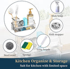 Consumest Sponge Holder for Kitchen Sink - Sink Caddy with Stainless Steel Self Drain Tray, Sink Organizer with High Brush Holder Countertop for Kitchen Sink Accessories, Silver