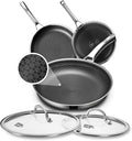 Non Stick Frying Pans with 2 Lids, 8+10+12 inch, Hybrid Frying Pans Set Nonstick,Skillets Stainless Steel Fajita, Dishwasher & Oven-Safe, Induction Compatible Cooking Pan, PFOA Free Cookware