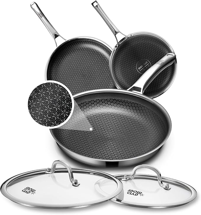 Non Stick Frying Pans with 2 Lids, 8+10+12 inch, Hybrid Frying Pans Set Nonstick,Skillets Stainless Steel Fajita, Dishwasher & Oven-Safe, Induction Compatible Cooking Pan, PFOA Free Cookware