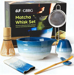 Matcha Whisk Set, Ceramic Matcha Kit Desert Style, Matcha Whisk and Bowl, Bamboo Scoop and Rest, Sifter and Tea Towel, 7 Pcs Gifts for Matcha Lover (Blue)