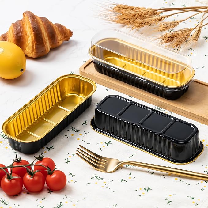25 Pack Mini Cake Pans with Lids and Spoons, Small Aluminum Foil Loaf Pans, Rectangular Baking Containers for Party and Picnics, 6.8oz (Black/Gold)