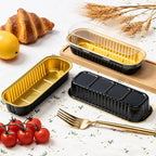 25 Pack Mini Cake Pans with Lids and Spoons, Small Aluminum Foil Loaf Pans, Rectangular Baking Containers for Party and Picnics, 6.8oz (Black/Gold)